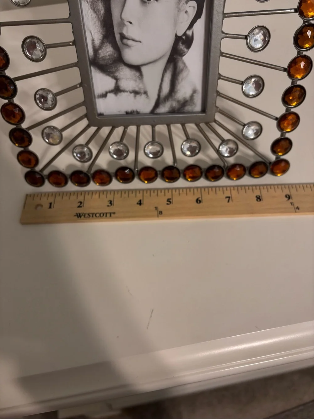 Silver Tone Jeweled Picture Frame Amber Clear “rhinestones” 4x6 Tabletop Decor